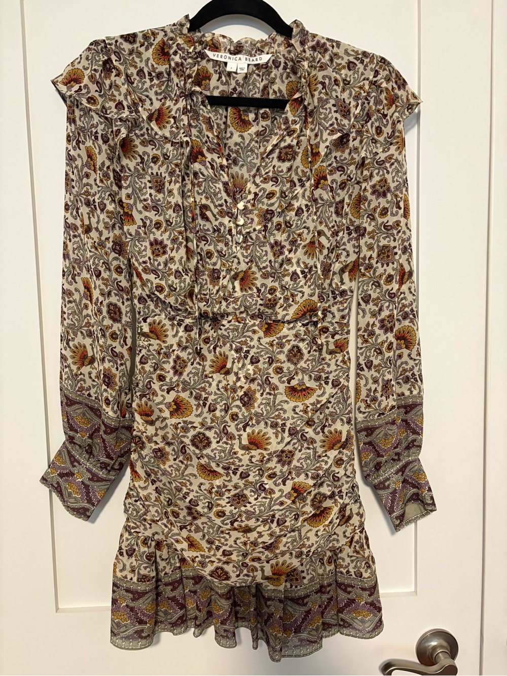 Veronica Beard Cream Floral Paisley Long-Sleeve Ruffle Dress